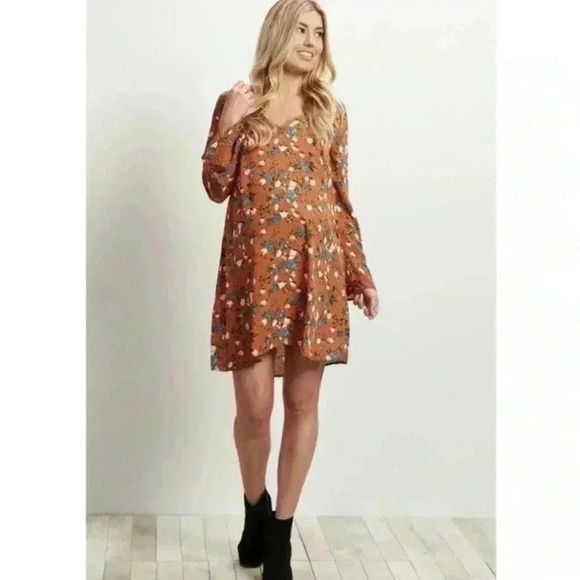 Pinkblush Maternity Dress Sz Medium V Neck Orange Floral Chiffon Long Sleeve - Picture 1 of 7
